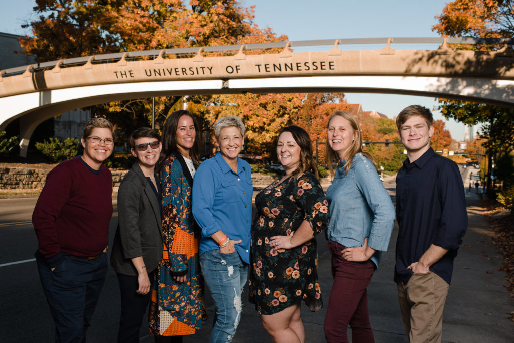 Team CSPS poses in front of the bridge on the University of Tennessee  campus